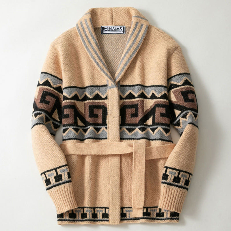 Damen Strickjacke mit grafischem Muster und Gürtel R&B