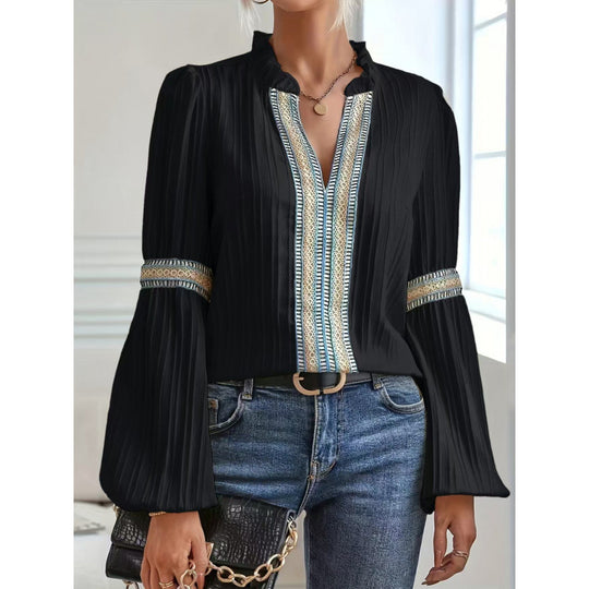 Damen elegante plissierte Bluse mit verzierten Besätzen R&B