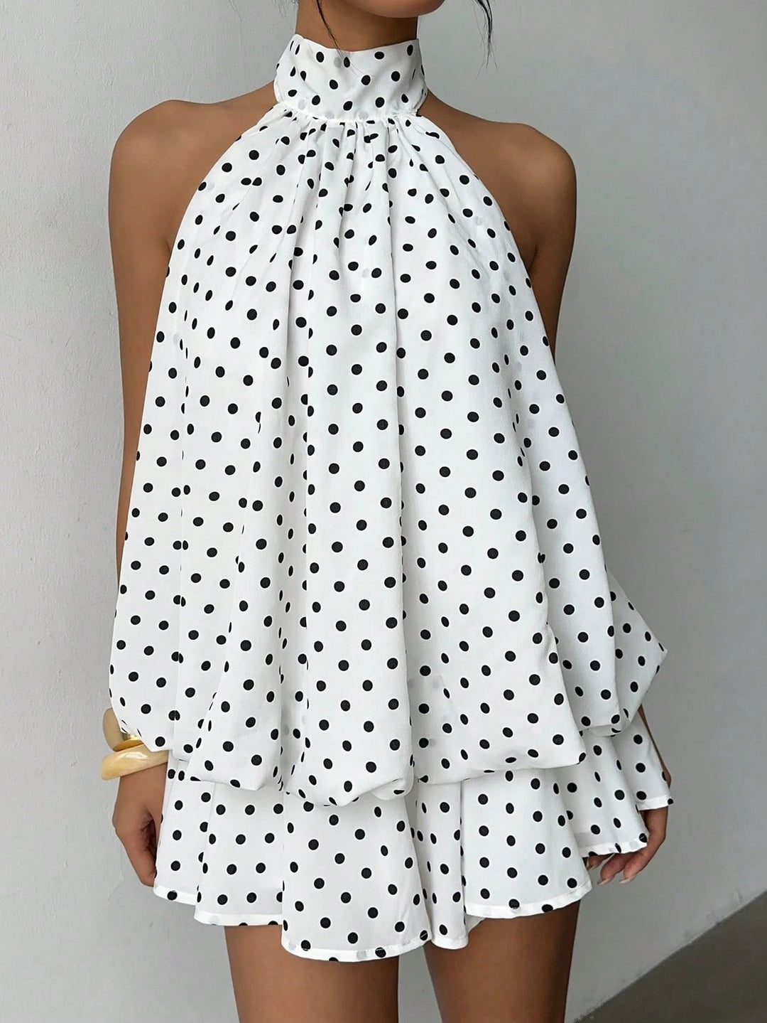 Damen modisches Polka-Dots Set mit hohem Kragen und voluminösen Ärmeln R&B