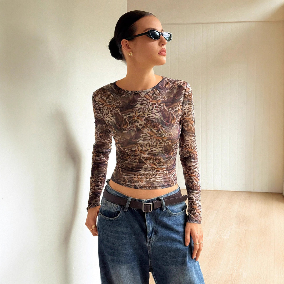 Damen nan schlanker Stretch-Longsleeve aus feinem Mesh mit abstraktem Tiermuster und tailliertem Cropped-Schnitt R&B
