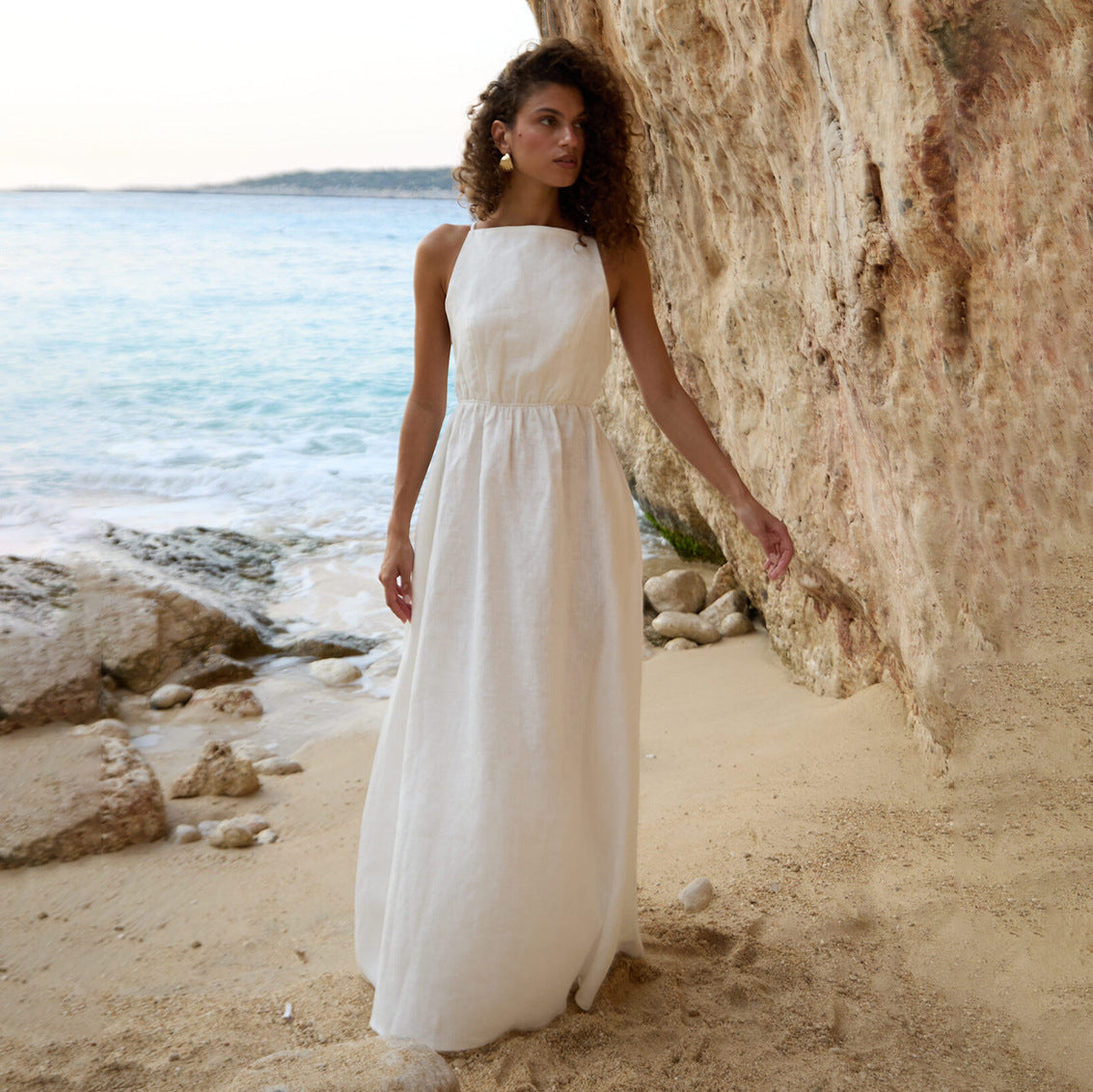 Damen Elegantes Maxikleid aus Leinen mit Querriemen R&B