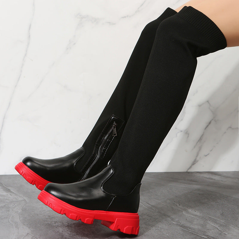 Damen Overkneestiefel mit trendigem Reißverschluss und robuster Sohle R&B