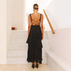Damen Maxi-Kleid mit eleganten Volants und tiefem V-Ausschnitt R&B