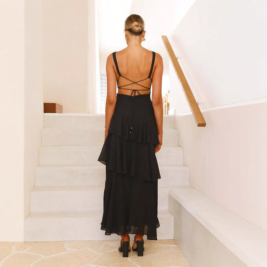 Damen Maxi-Kleid mit eleganten Volants und tiefem V-Ausschnitt R&B