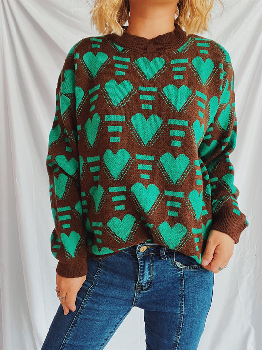 Damen gestrickter Pullover im modernen Herzdesign mit weitem Schnitt R&B
