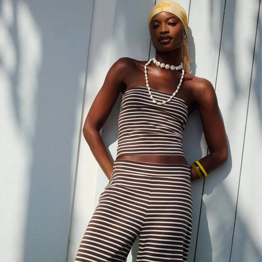 Damen lässiges Loungewear-Set mit geripptem Oberteil und weiten Hosen R&B