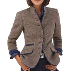 Damen eleganter Blazer mit knöpfbarem Stehkragen und kontrastierenden Taschen R&B