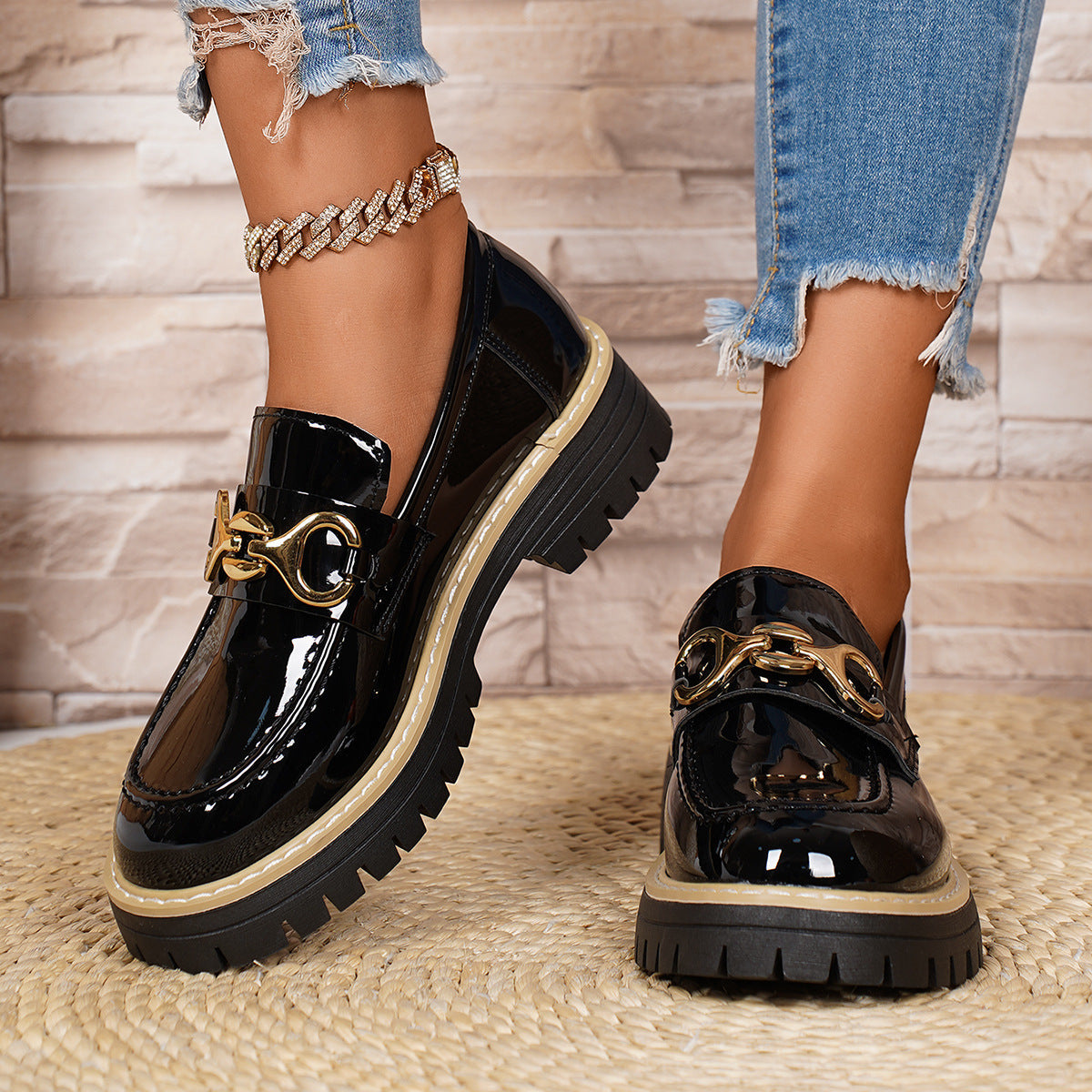 Damen Komfortable Mokassin-Schuhe mit glänzenden Akzenten und robustem Sohlenprofil R&B