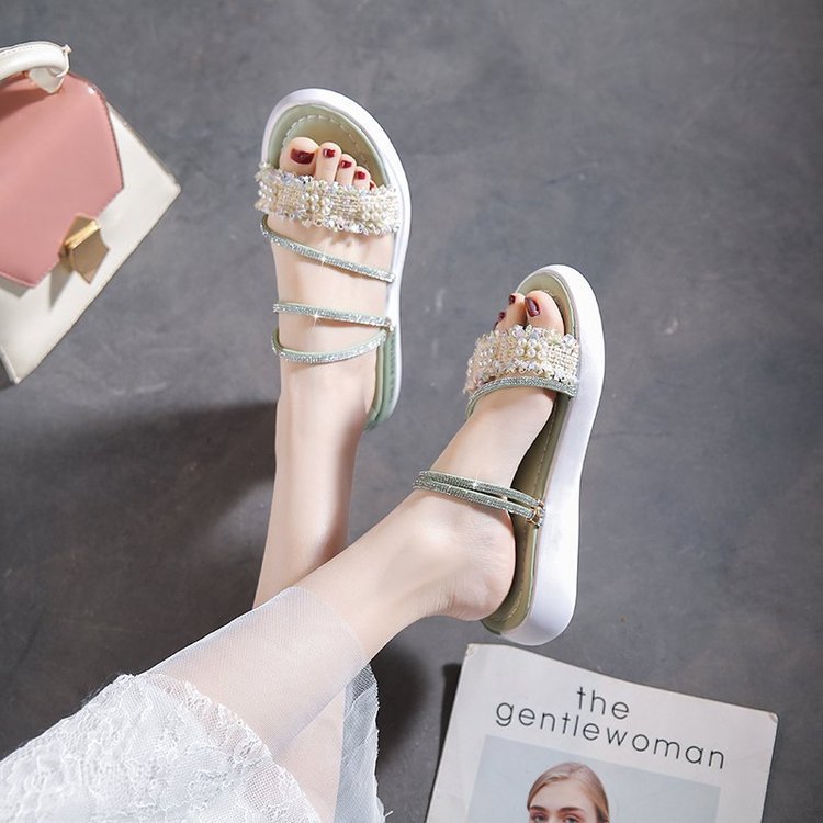 Damen modische Riemchen-Sandalen mit Perlenschmuck und gepolsterter Sohle