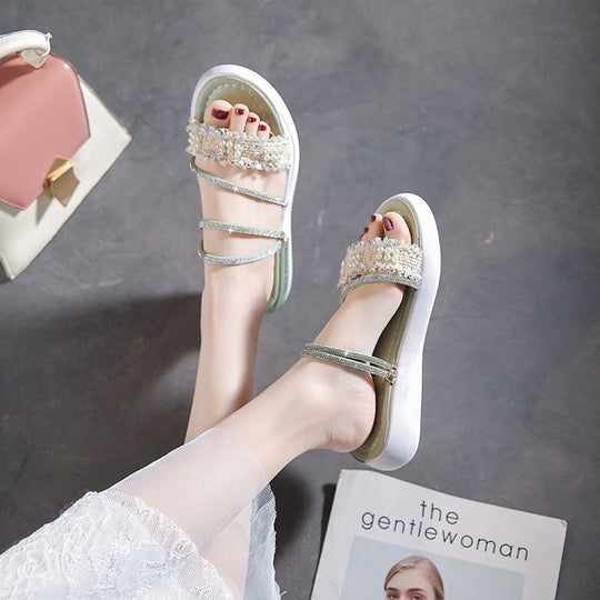 Damen modische Riemchen-Sandalen mit Perlenschmuck und gepolsterter Sohle R&B