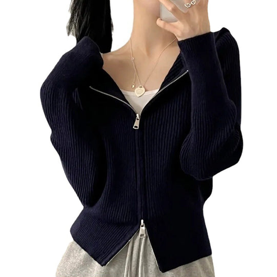 Damen lässige Strickjacke mit Kapuze und Reißverschluss R&B