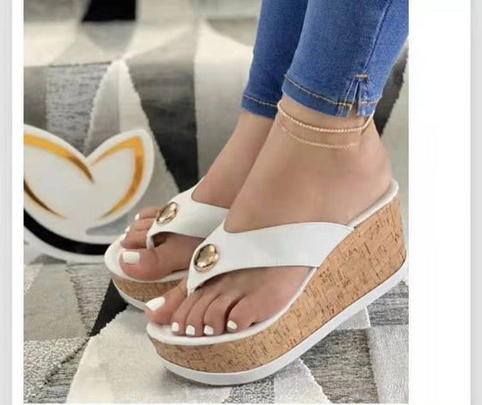 Damen nan Zehentrenner-Plateau-Sandalette mit Korkkeilabsatz und dekorativem Zierknopf R&B