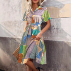 Damen ärmelloses Kleid mit geometrischem Muster und Bindegürtel R&B