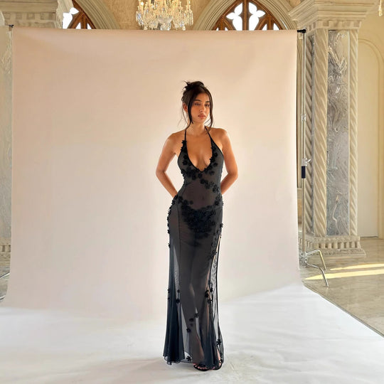 Damen Dekoratives Maxikleid mit raffinierten Spitzenakzenten und verführerischem V-Ausschnitt R&B