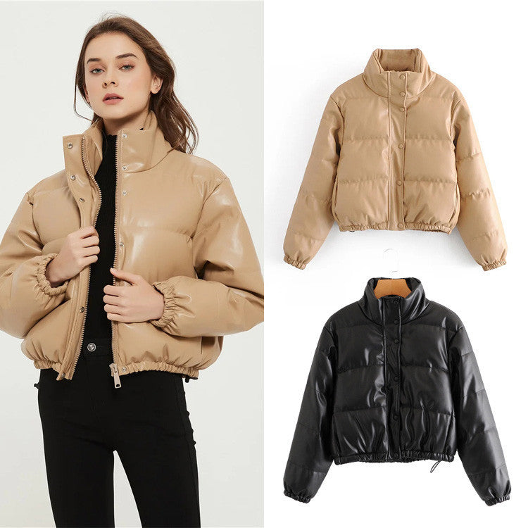Damen gesteppte Kunstlederjacke mit hochschließendem Kragen und elastischen Bündchen R&B