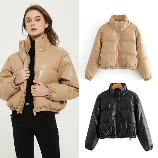 Damen gesteppte Kunstlederjacke mit hochschließendem Kragen und elastischen Bündchen R&B