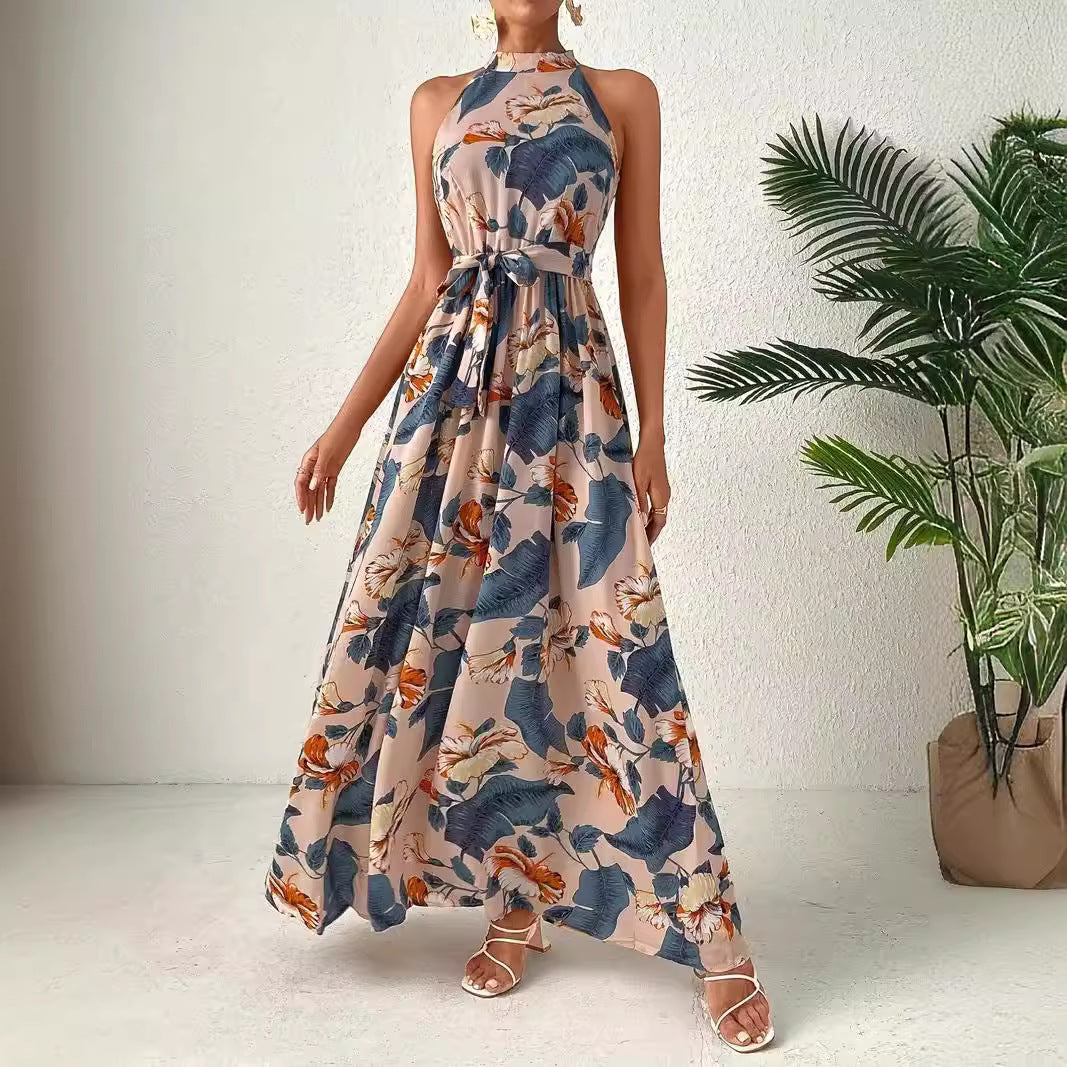 Damen Maxikleid Im Boho-Stil mit Hohem Kragen und Bindegürtel R&B