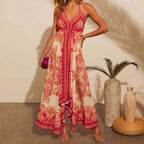 Damen Maxikleid mit trendigem Halterneck und künstlerischem Muster R&B