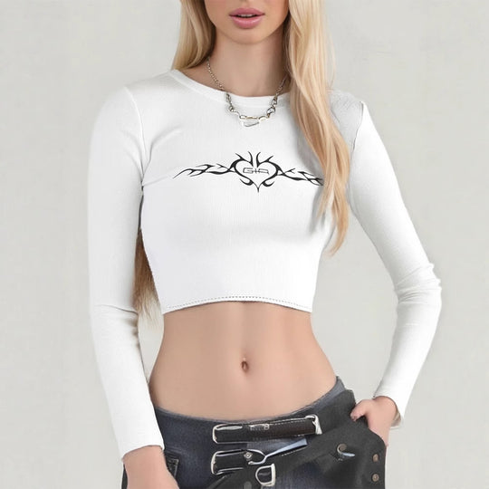 Damen cropped Langarmshirt mit raffinierter Grafik R&B