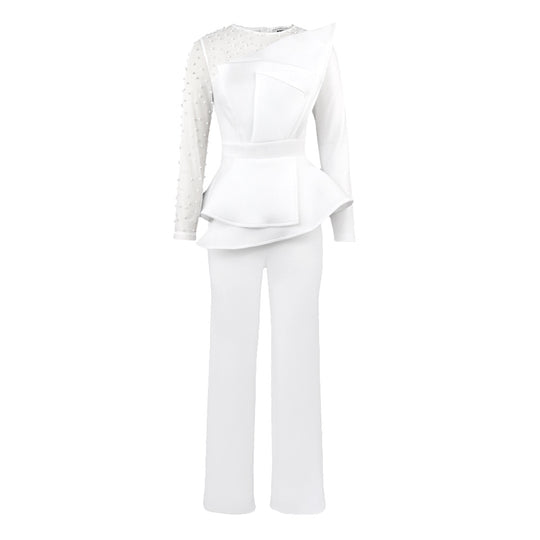 Damen eleganter Jumpsuit mit asymmetrischem Oberteil und raffiniertem Rüschendesign R&B