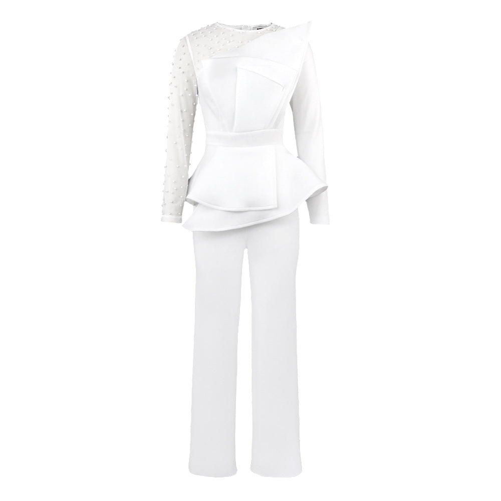 Damen Eleganter Jumpsuit mit transparenten Puffärmeln und tiefem V-Ausschnitt R&B
