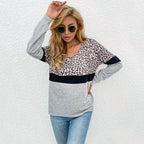 Damen V-Ausschnitt Sweatshirt mit Leopardenmuster und Kontrastband R&B