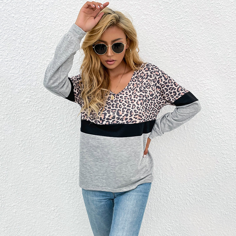 Damen V-Ausschnitt Sweatshirt mit Leopardenmuster und Kontrastband R&B