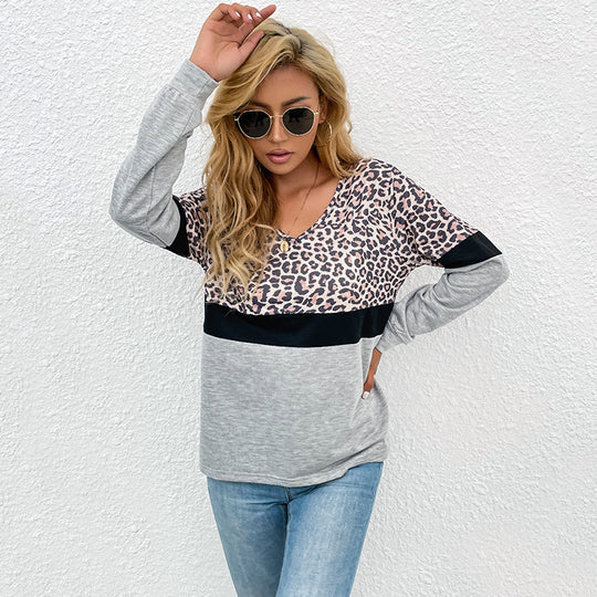 Damen V-Ausschnitt Sweatshirt mit Leopardenmuster und Kontrastband R&B