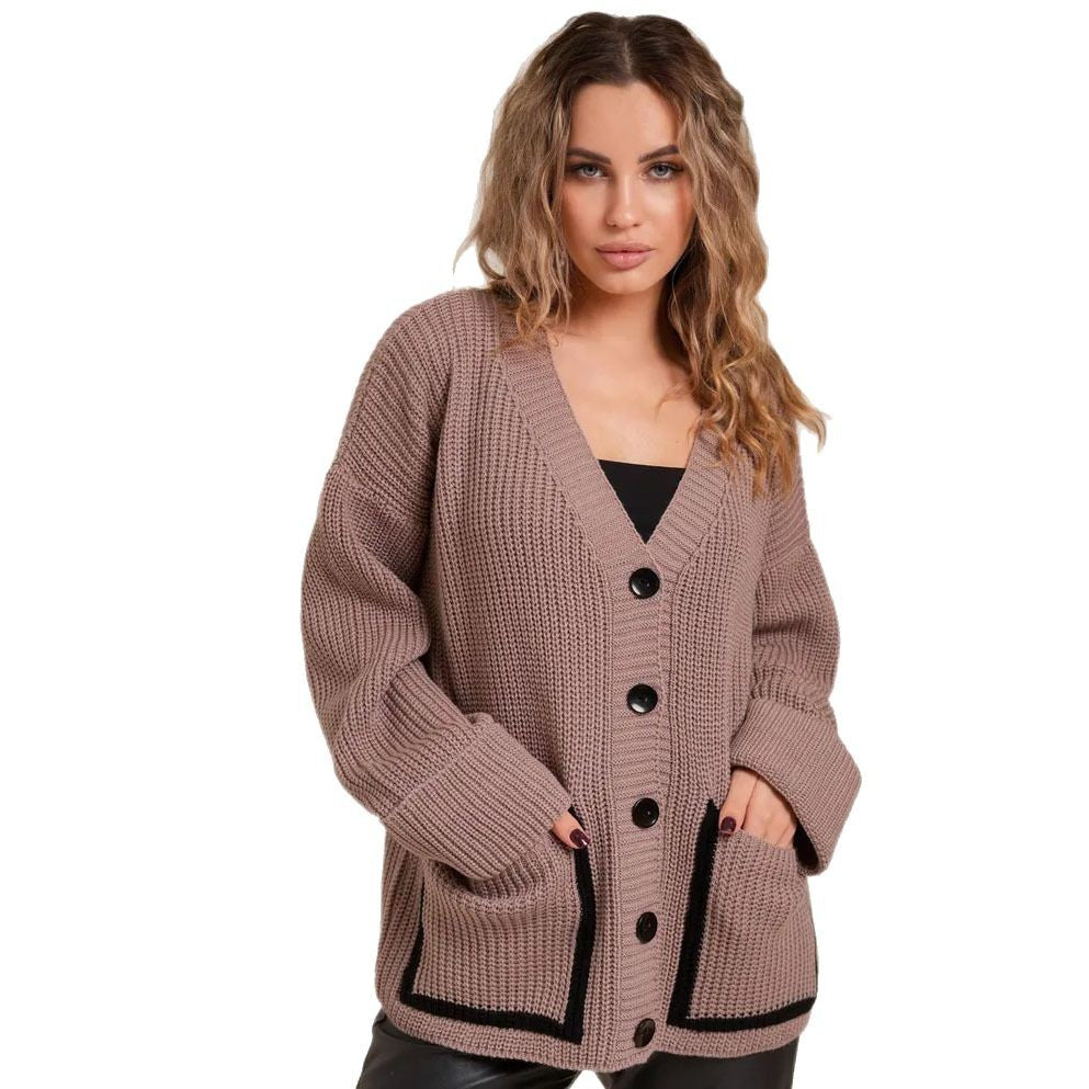 Damen Grobstrickjacke mit großen Taschen und dekorativem Knopf R&B