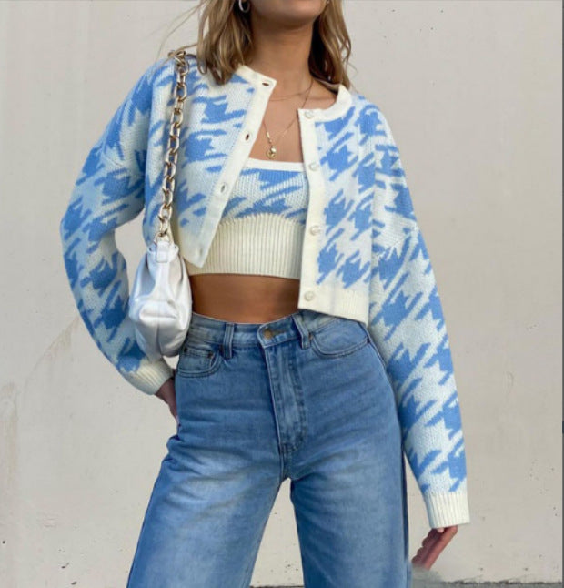 Damen Modische Strickjacke mit geometrischem Muster und Knopfverschluss R&B