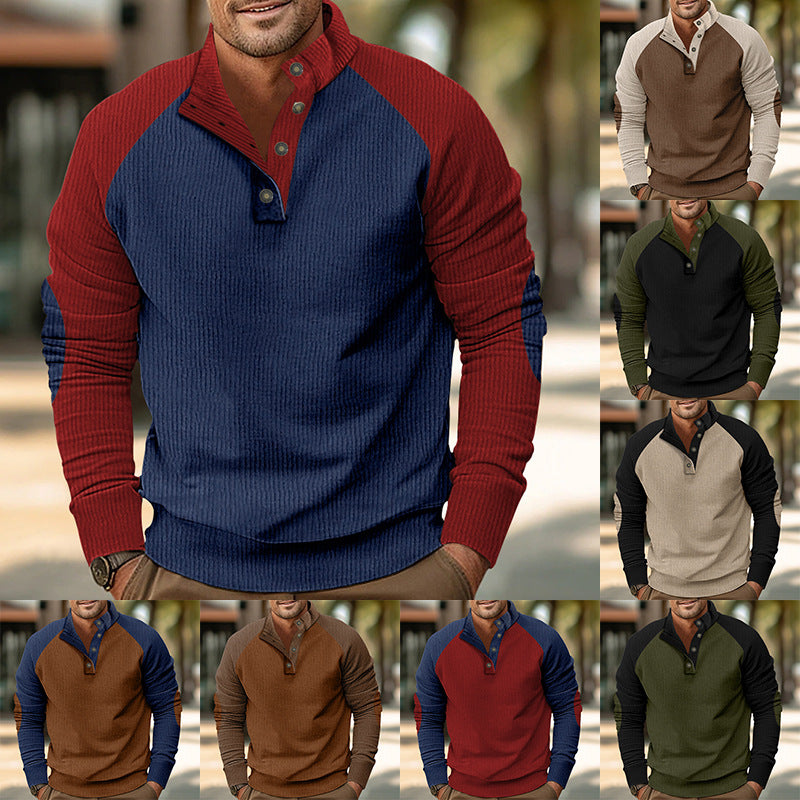 Herren Ripp-Pullover mit Knopfleiste und kontrastierenden Ärmeln R&B