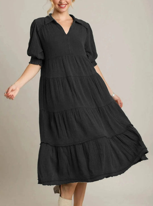 Damen lässiges Maxikleid mit V-Ausschnitt und volumetrischen Ärmeln R&B