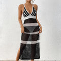 Damen gehäkelter Strandüberwurf mit stilvollem V-Ausschnitt und eleganten Streifendetails R&B