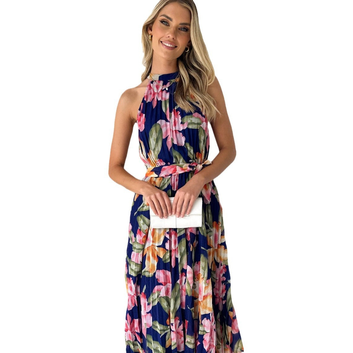 Damen Maxikleid mit elegantem Faltenwurf und Halterneck R&B