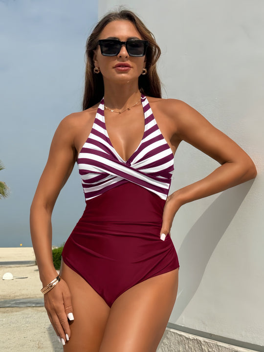 Damen Einteiler-Badeanzug mit elegantem Wickel-Design und vertikalen Streifen R&B