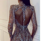 Damen Glamouröses Pailletten-Minikleid mit hochgeschlossenem Design und transparenten Ärmeln R&B