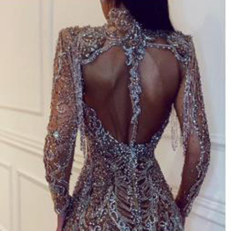 Damen Glamouröses Pailletten-Minikleid mit hochgeschlossenem Design und transparenten Ärmeln R&B