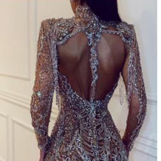 Damen Glamouröses Pailletten-Minikleid mit hochgeschlossenem Design und transparenten Ärmeln R&B
