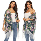 Damen Kimono mit floralem Design und Fransen R&B