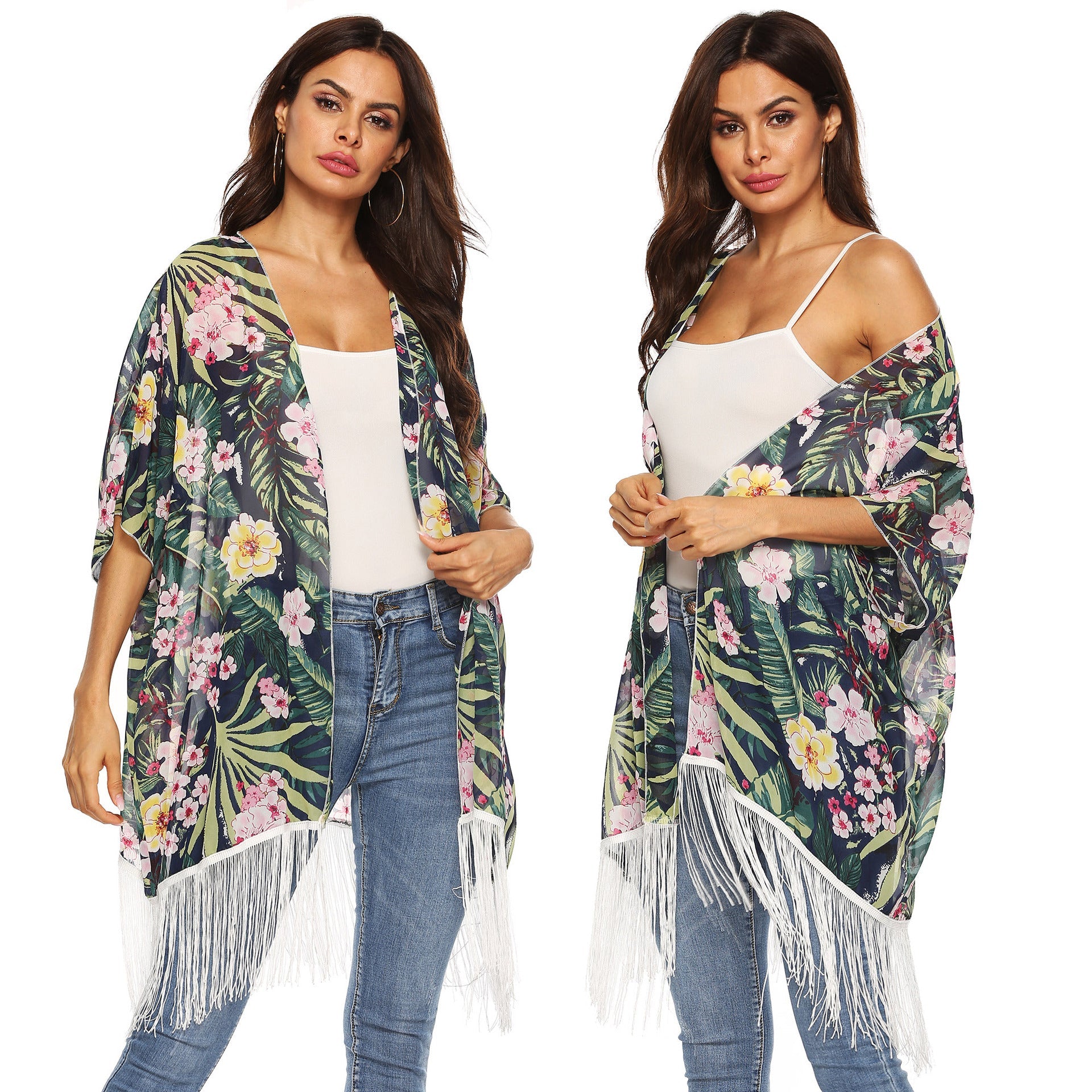 Damen Kimono mit floralem Design und Fransen R&B