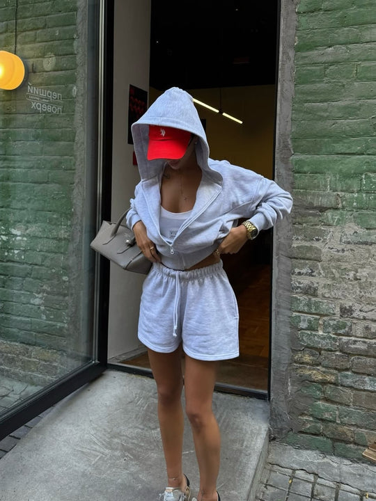 Damen lässiges Kurzarm-Set mit Hoodie und komfortablem Gummibund R&B