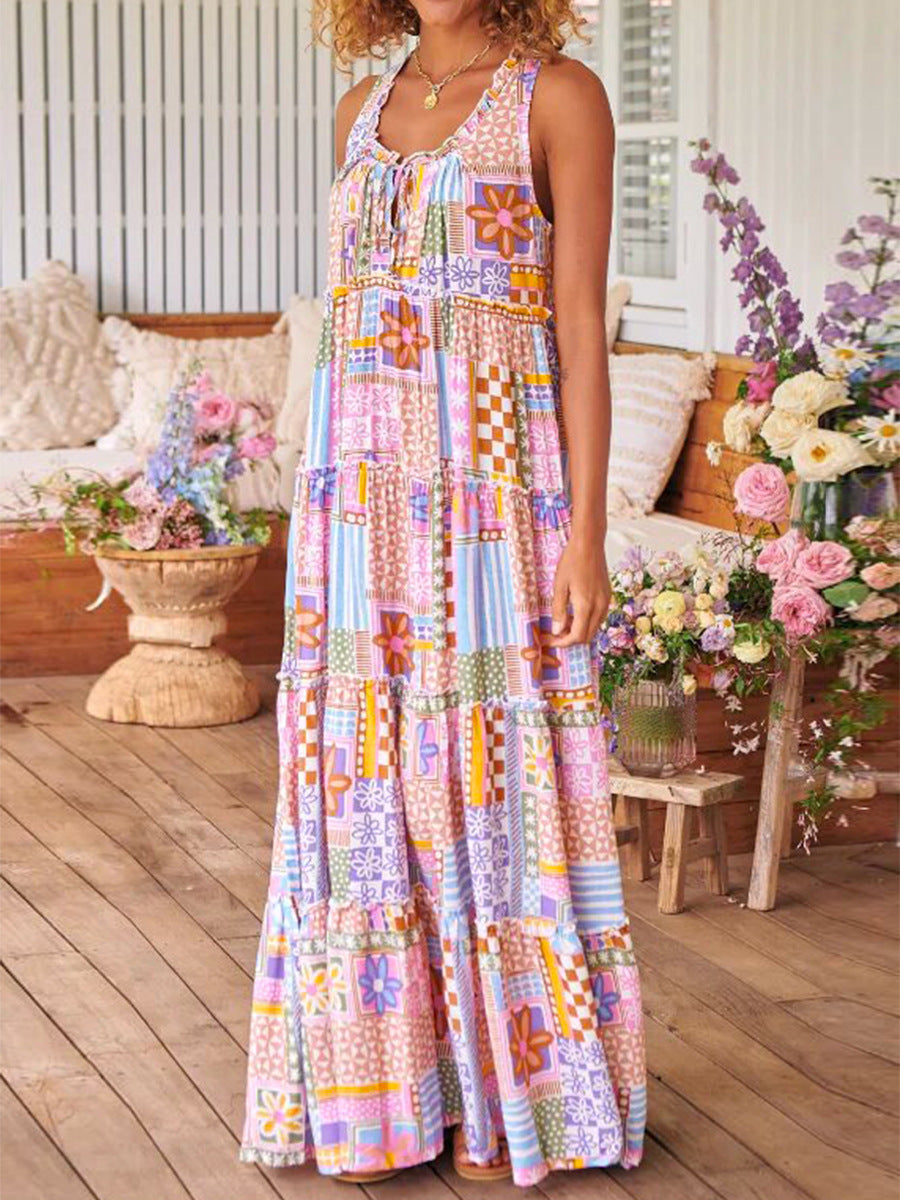 Damen Maxikleid mit buntem Patchwork-Muster R&B