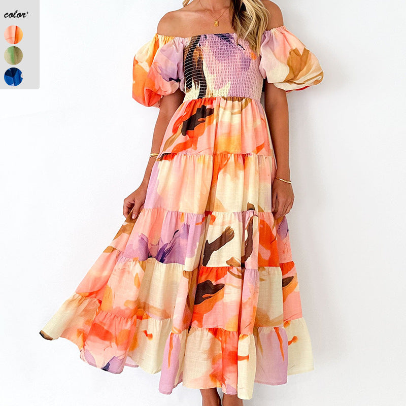 Damen Maxikleid mit voluminösen Puffärmeln und floralen Akzenten R&B