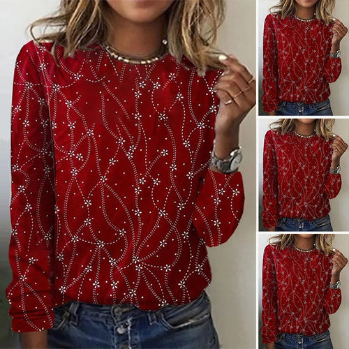 Damen nan lockeres Rundhals-Sweatshirt mit Strassverzierung und floralem Punktmuster R&B