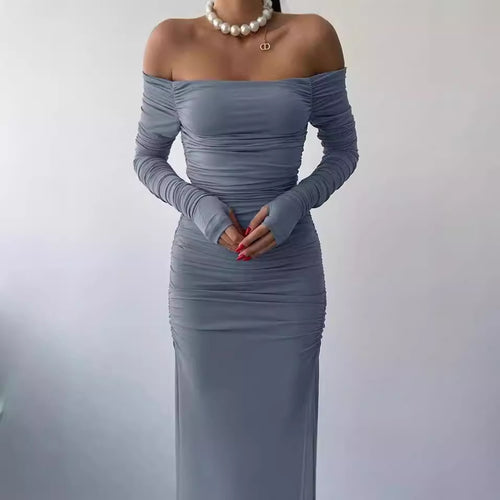 Damen Elegantes Off-Shoulder Maxikleid mit Raffung und langen Ärmeln R&B