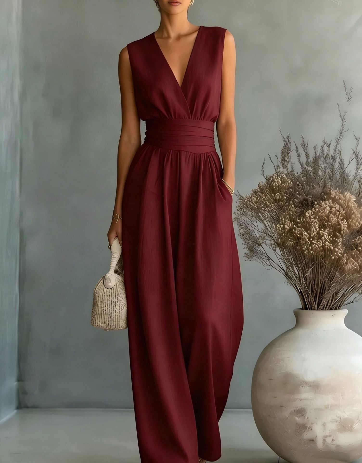 R&B | Eleganter Ärmelloser Jumpsuit mit Tiefem V-Ausschnitt, Taillenbund und Weitem Bein