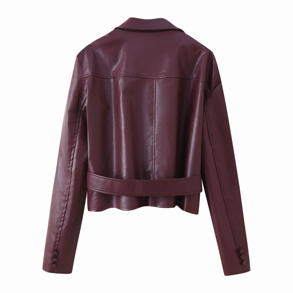 Damen elegante Kunstlederjacke mit tailliertem Schnitt und Bindegürtel R&B