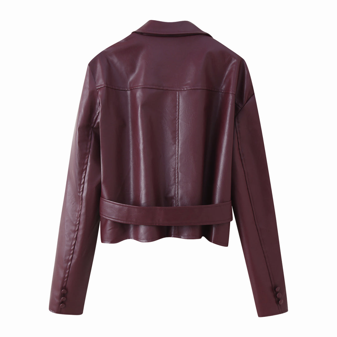 Damen elegante Kunstlederjacke mit tailliertem Schnitt und Bindegürtel R&B