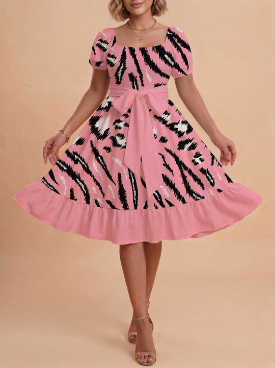 Damen Sommerliches Blumenkleid mit taillierbarem Gürtel und voluminösen Ärmeln R&B