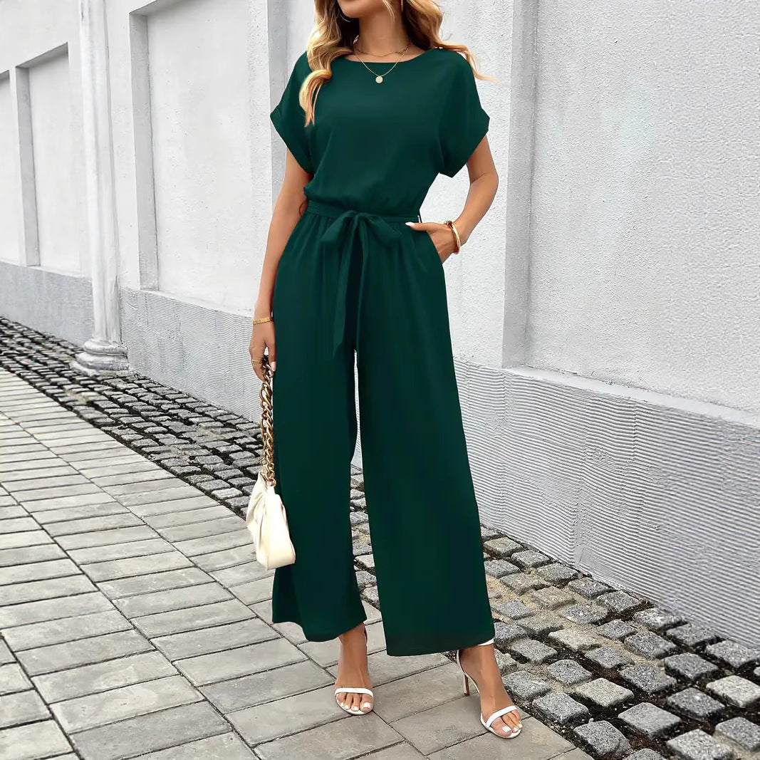 Damen Eleganter Jumpsuit mit weitem Bein und Taillenknoten R&B